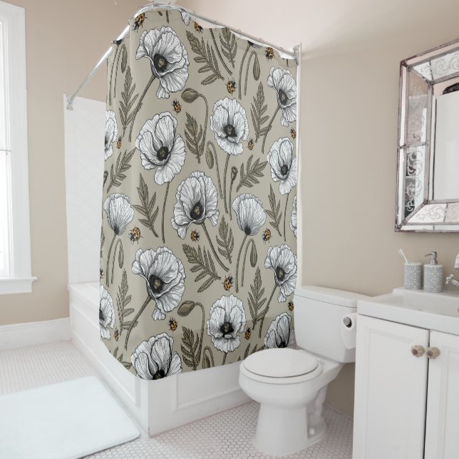 White poppies and ladybugs shower curtain (In Situ)