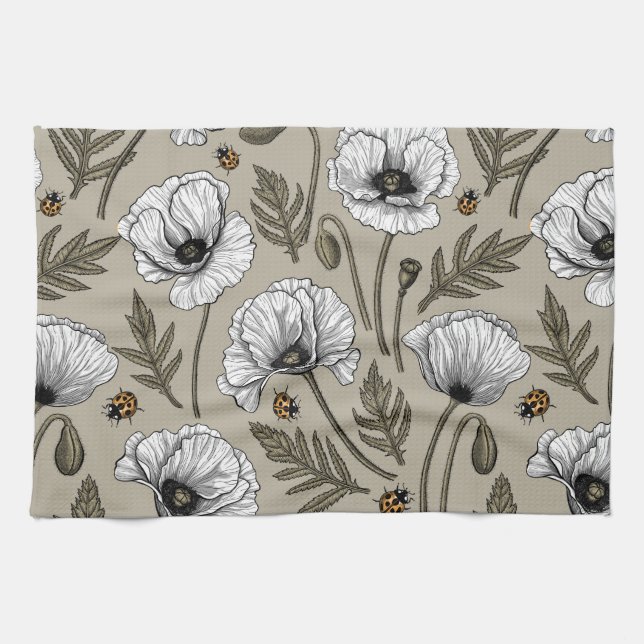 White poppies and ladybugs tea towel (Horizontal)