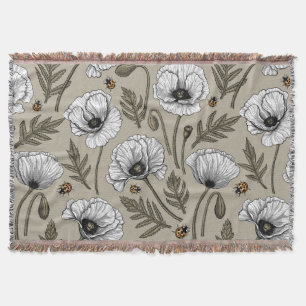 White poppies and ladybugs throw blanket