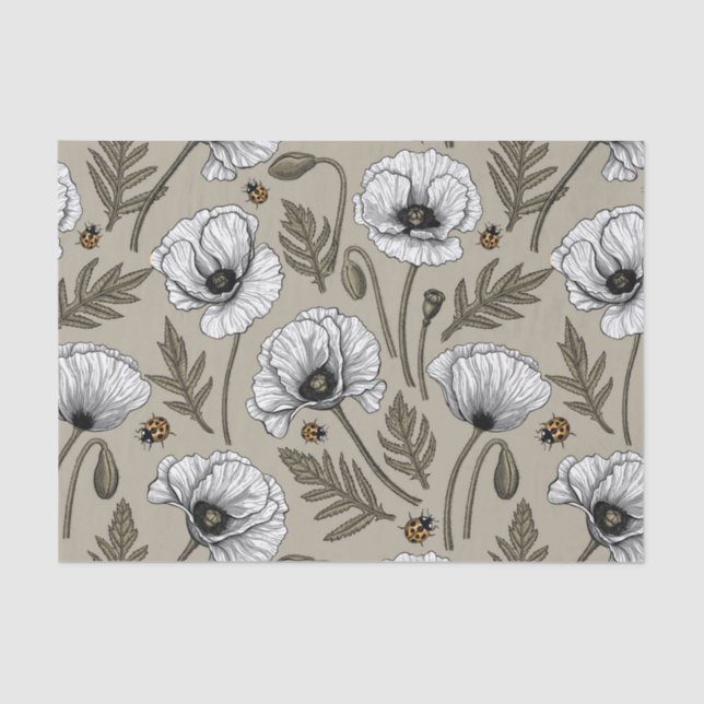 White poppies and ladybugs tissue paper (Front)