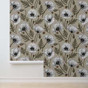 White poppies and ladybugs wallpaper