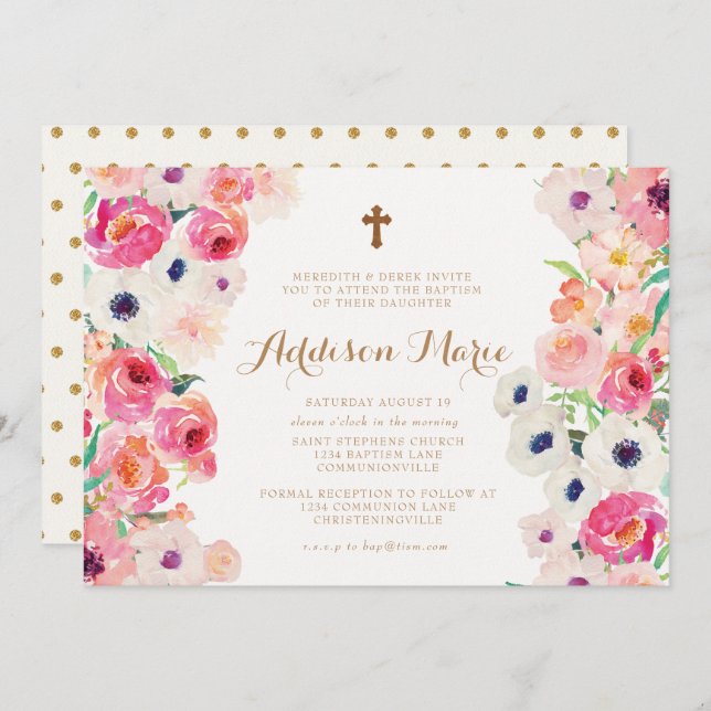 White Poppies and Pink Roses Baptism Invitation (Front/Back)