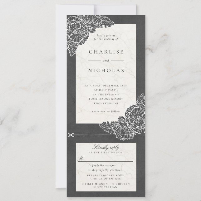 White poppies grey floral wedding invitation rsvp (Front)