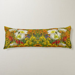 White poppies growing around the colourful flowers body cushion