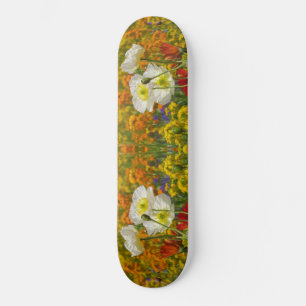 White poppies growing around the colourful flowers skateboard