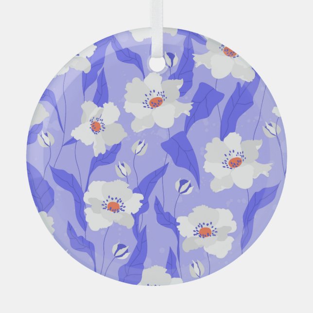 White Poppies: Hand-Drawn Purple Seamless Glass Tree Decoration (Front)