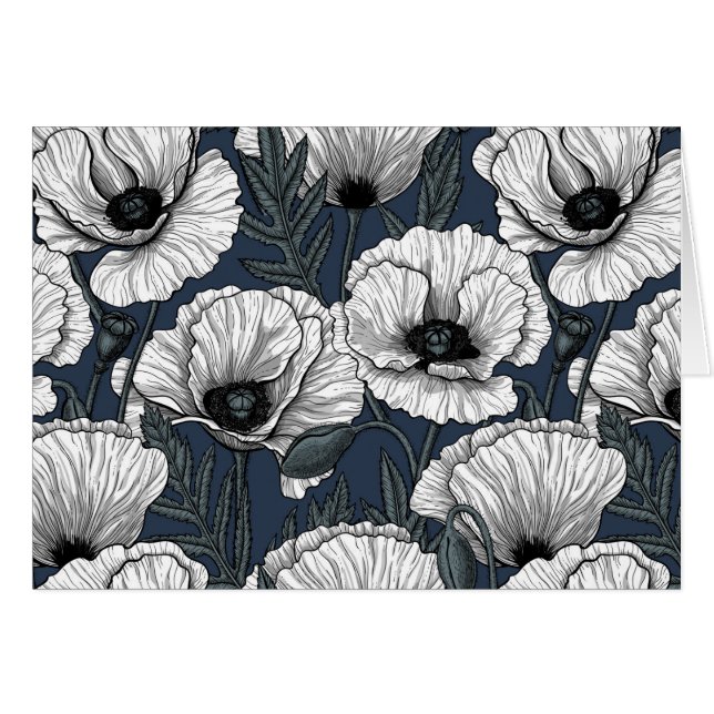White poppies on navy (Front Horizontal)