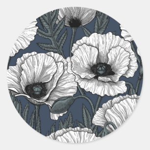 White poppies on navy classic round sticker