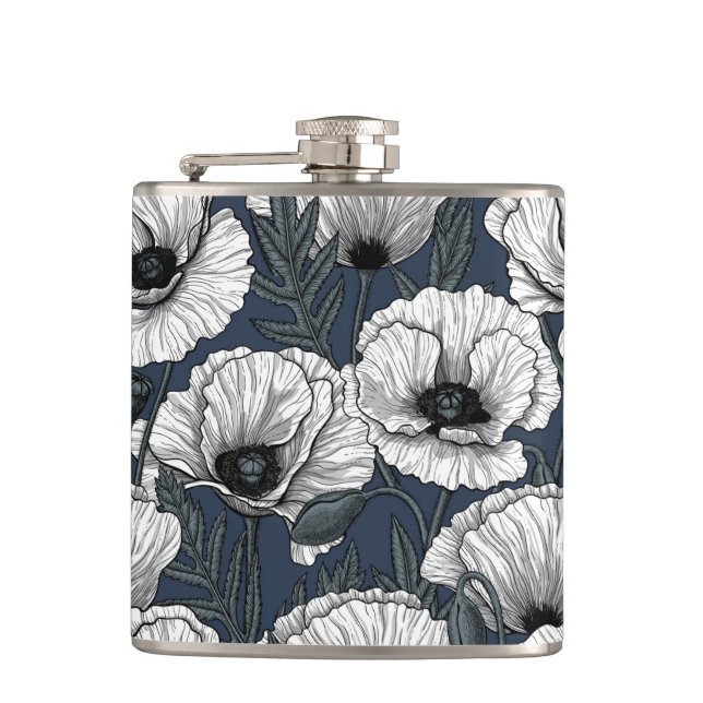 White poppies on navy hip flask (Front)