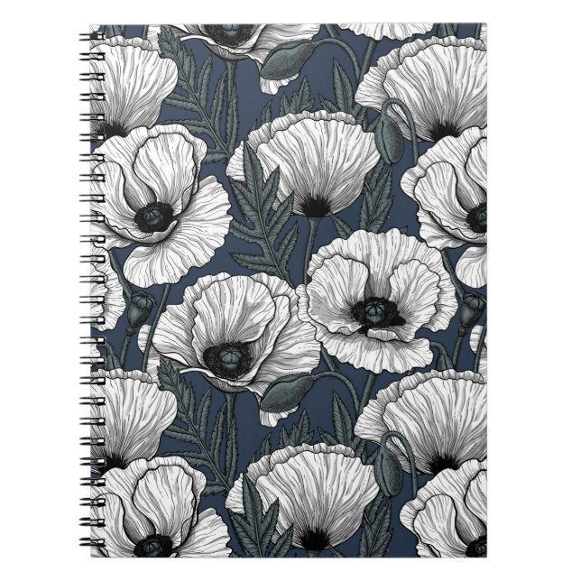 White poppies on navy notebook (Front)