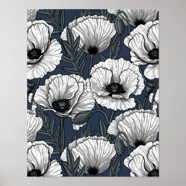White poppies on navy poster (Front)