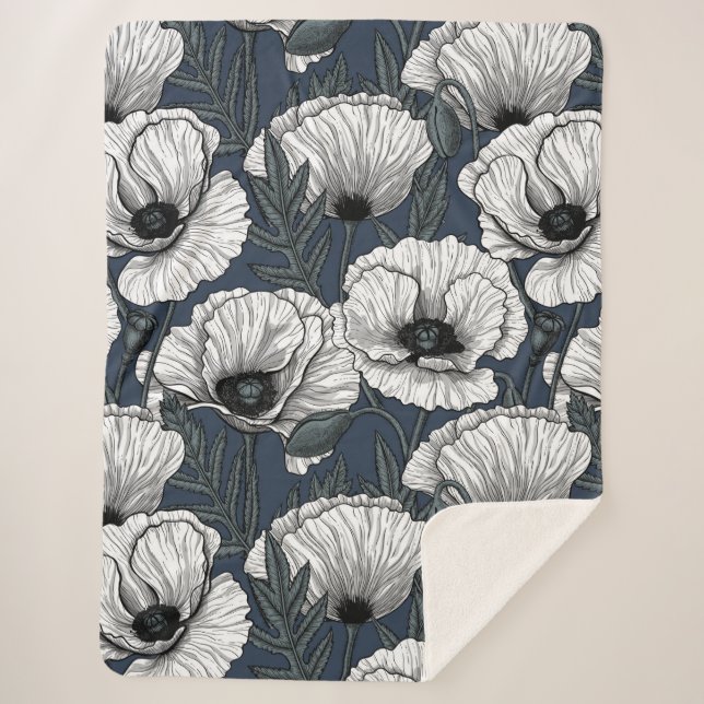 White poppies on navy sherpa blanket (Front)