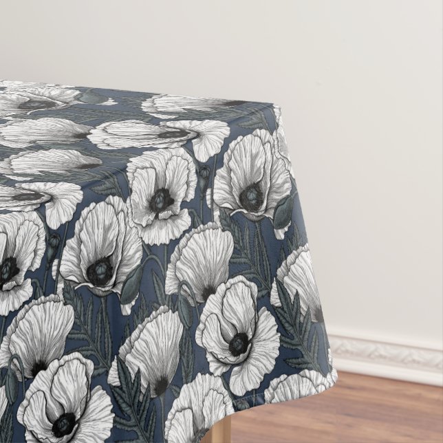 White poppies on navy tablecloth (In Situ)