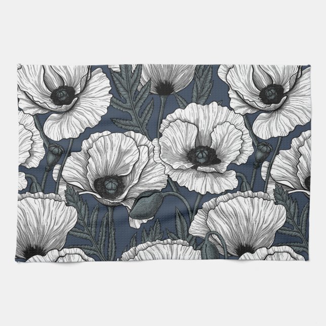 White poppies on navy tea towel (Horizontal)