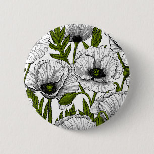 White poppies on white 6 cm round badge