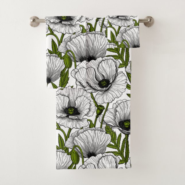 White poppies on white bath towel set (Insitu)