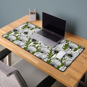 White poppies on white desk mat