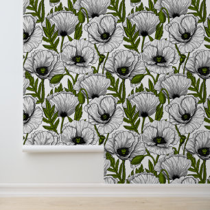 White poppies on white wallpaper
