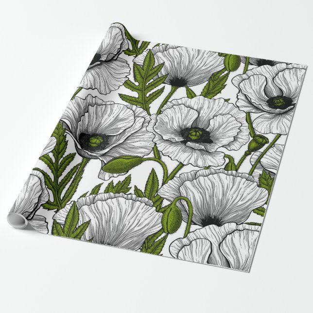 White poppies on white wrapping paper (Unrolled)