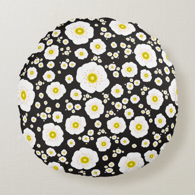 White Poppies Round Throw Pillow (Front)