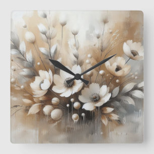 White Poppies Square Wall Clock