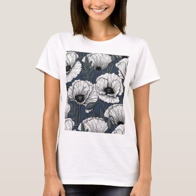 White poppy garden on navy T-Shirt (Front)