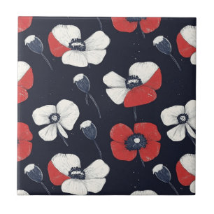 White Poppy Pattern with Red and Blue Accents Ceramic Tile