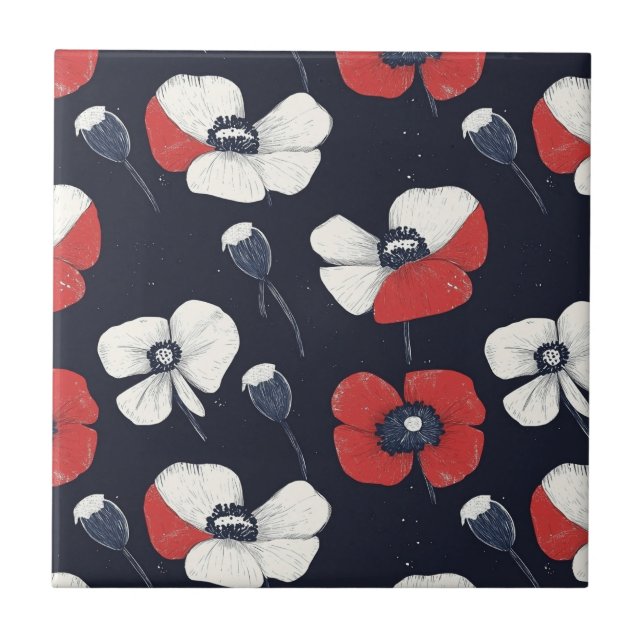 White Poppy Pattern with Red and Blue Accents Ceramic Tile (Front)