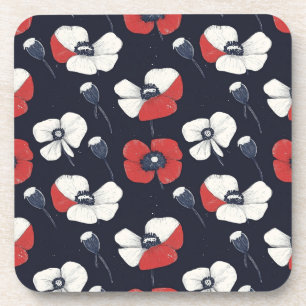 White Poppy Pattern with Red and Blue Accents Coaster