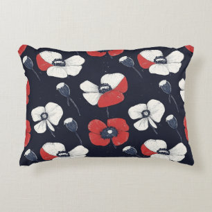 White Poppy Pattern with Red and Blue Accents Decorative Cushion