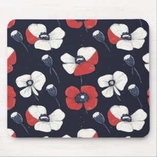 White Poppy Pattern with Red and Blue Accents Mouse Pad