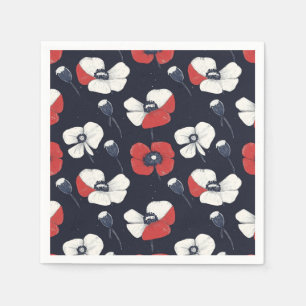 White Poppy Pattern with Red and Blue Accents Napkin