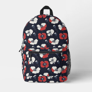 White Poppy Pattern with Red and Blue Accents Printed Backpack