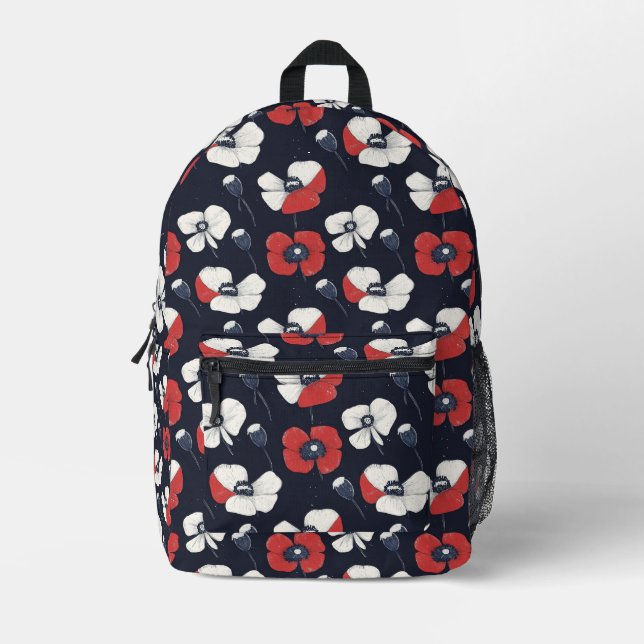 White Poppy Pattern with Red and Blue Accents Printed Backpack (Front)