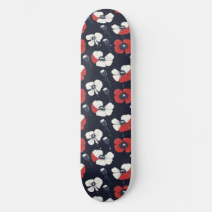 White Poppy Pattern with Red and Blue Accents Skateboard