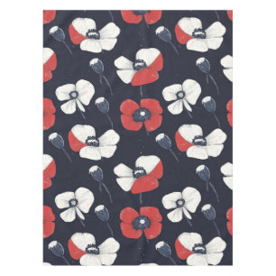 White Poppy Pattern with Red and Blue Accents Tablecloth