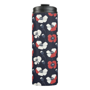 White Poppy Pattern with Red and Blue Accents Thermal Tumbler