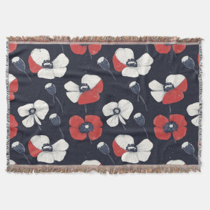 White Poppy Pattern with Red and Blue Accents Throw Blanket