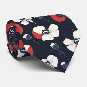 White Poppy Pattern with Red and Blue Accents Tie