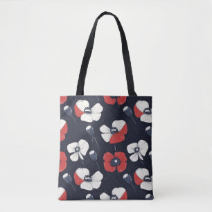 White Poppy Pattern with Red and Blue Accents Tote Bag