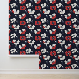 White Poppy Pattern with Red and Blue Accents Wallpaper
