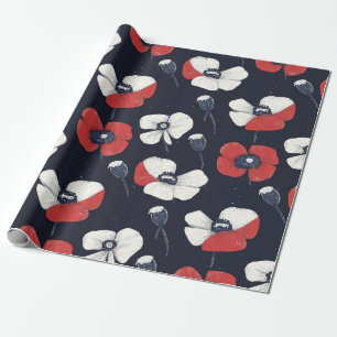 White Poppy Pattern with Red and Blue Accents Wrapping Paper