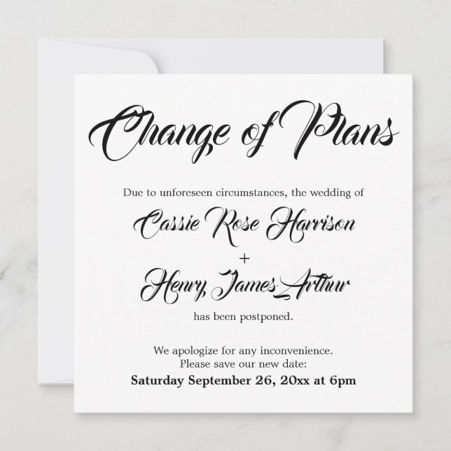 White Postponed Wedding Change of Plans Card (Front)