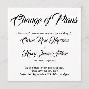 White Postponed Wedding Change of Plans Card