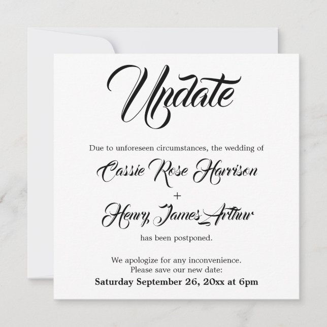 White Postponed Wedding Update Announcement (Front)