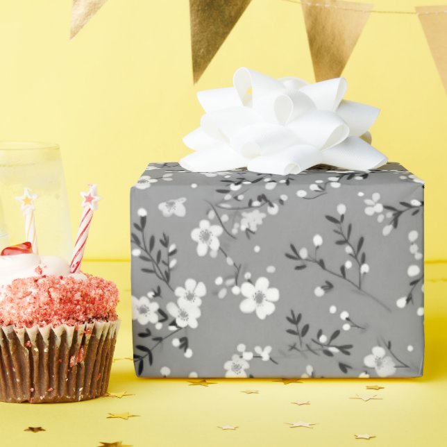 White Posy Print On Grey Wrapping Paper (Birthday Party)