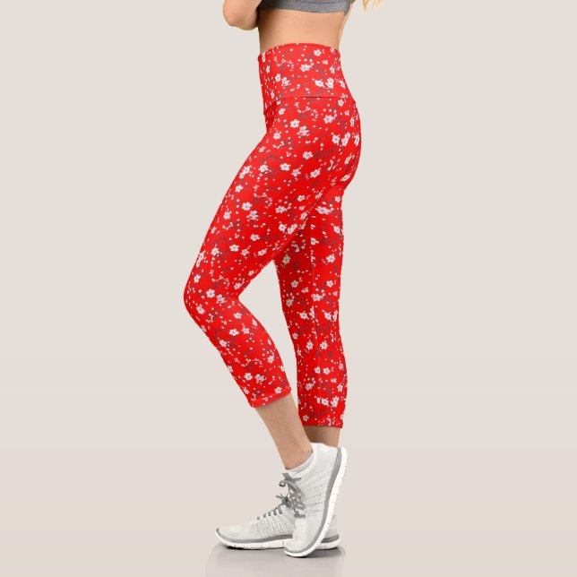White Posy Print On Red Capri Leggings (Left)