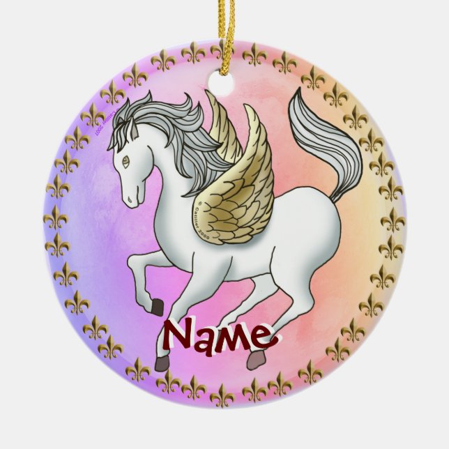 White Prancing Pegasus Unicorn Ceramic Ornament (Front)