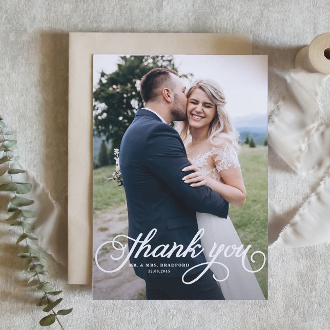 White Pretty Calligraphy Modern Photo Wedding Thank You Card (Creator Uploaded)
