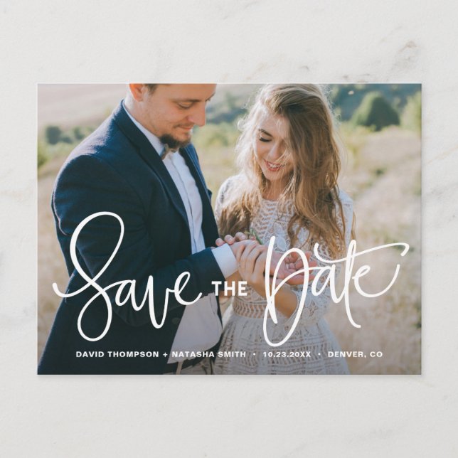 White Pretty Hand Lettering Photo Save the Date Announcement Postcard (Front)